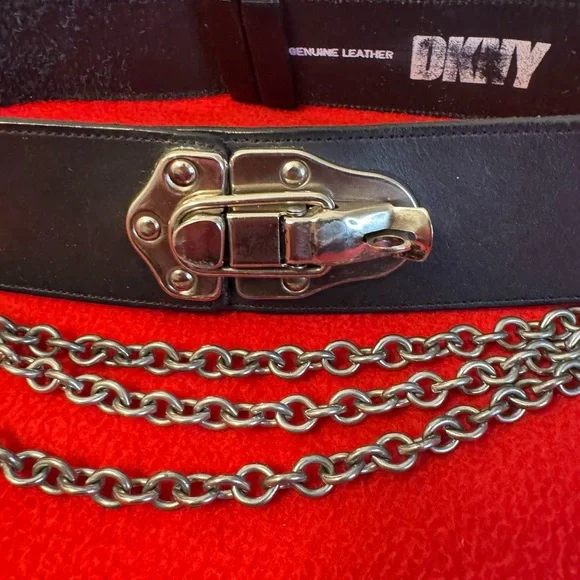 Rare Vintage DKNY Goth Rocker black leather Chain Belt USA Made Rare Vintage DKNY Goth Rocker black leather Chain Belt USA Made main image 2